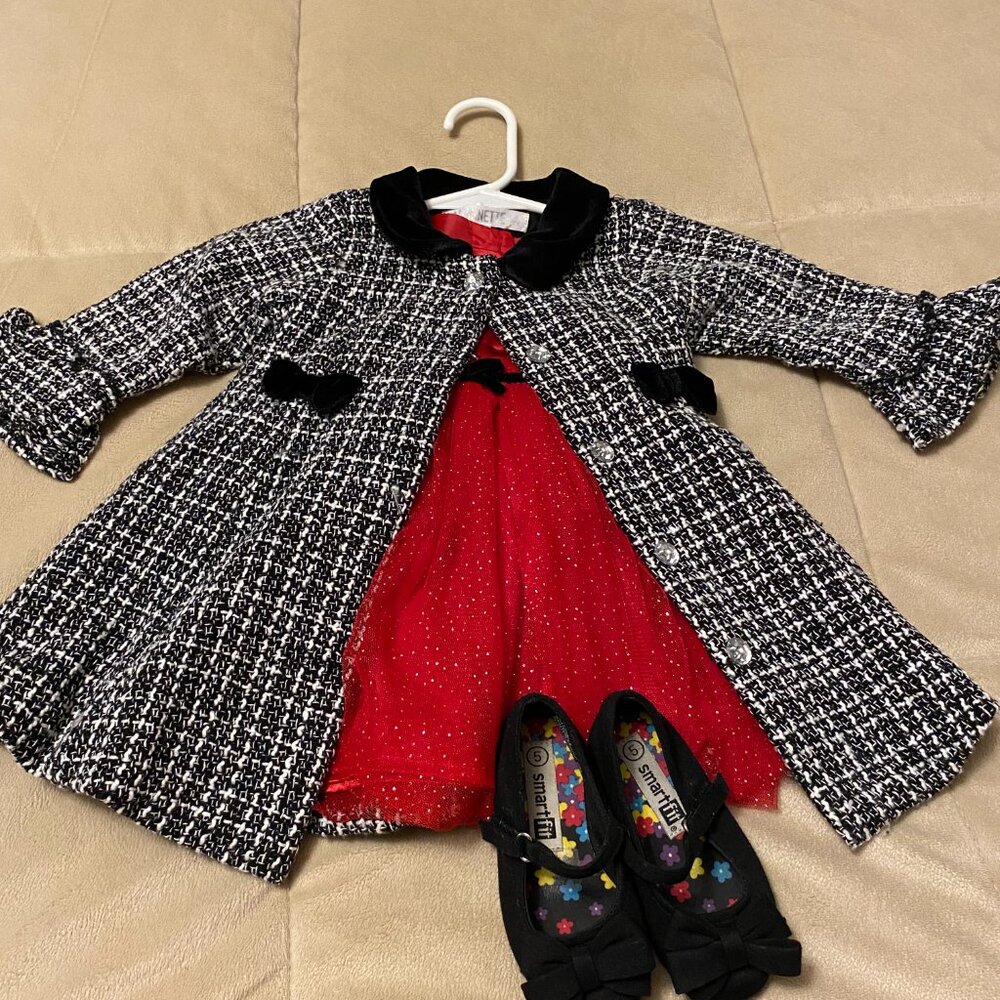 Nannette 2pc. Baby Girl Black & White Coat / Red Dress & Black Shoes - Picture 7 of 15